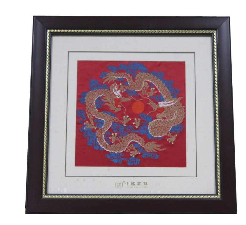 云锦木框红底团龙框画